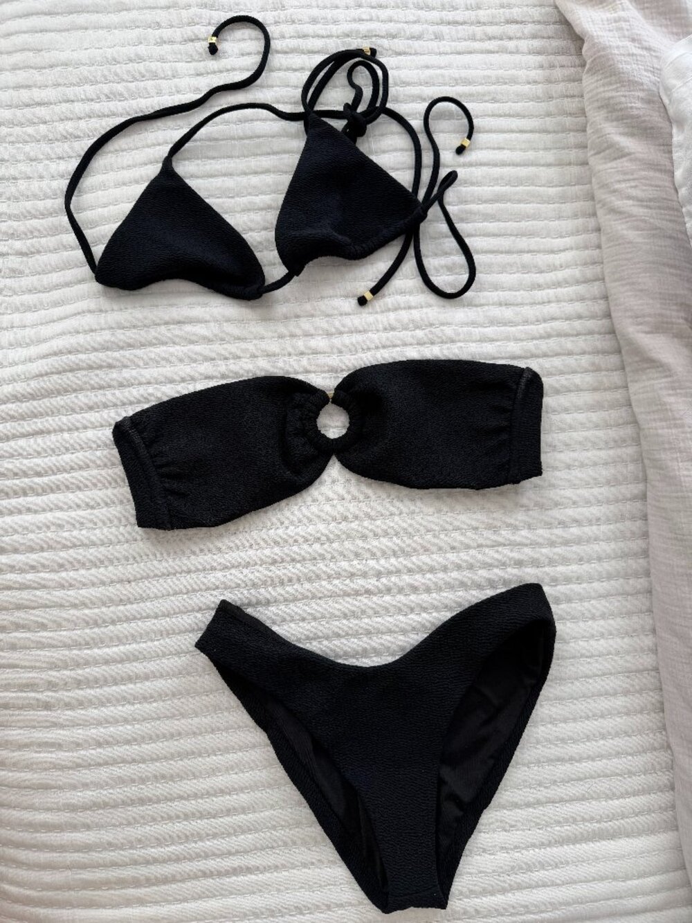 Sylk Swim Black Crinkle Bikini Set 3 Piece Triangle Top Bandeau & Bottoms S